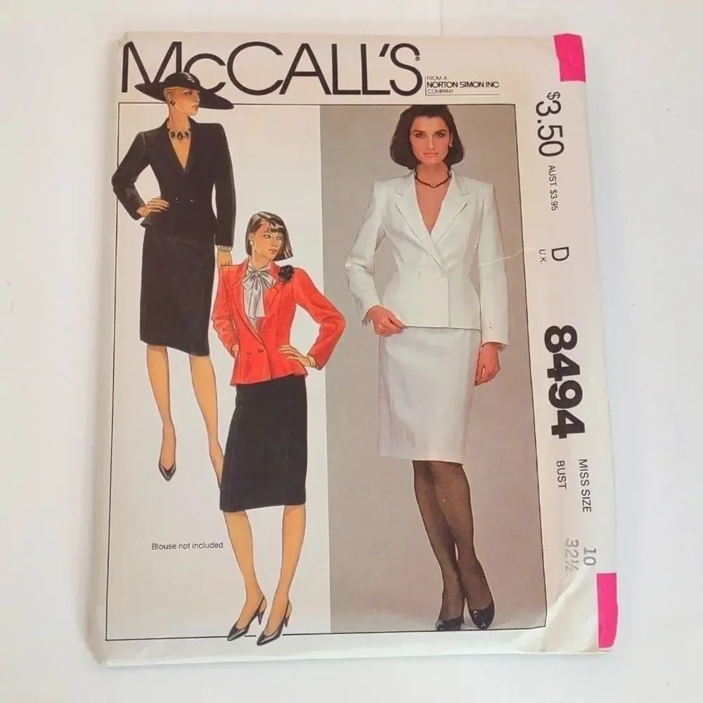 McCall's 8494 Sewing Pattern 1982 Misses Lined Jacket and Skirt size 10